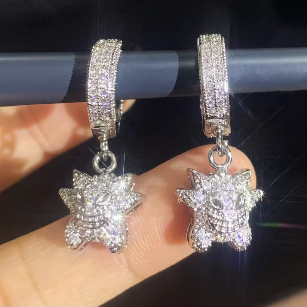Pokemon Gengar 18K White Gold Rhodium Pave Diamond Iced Out Hoop Earrings